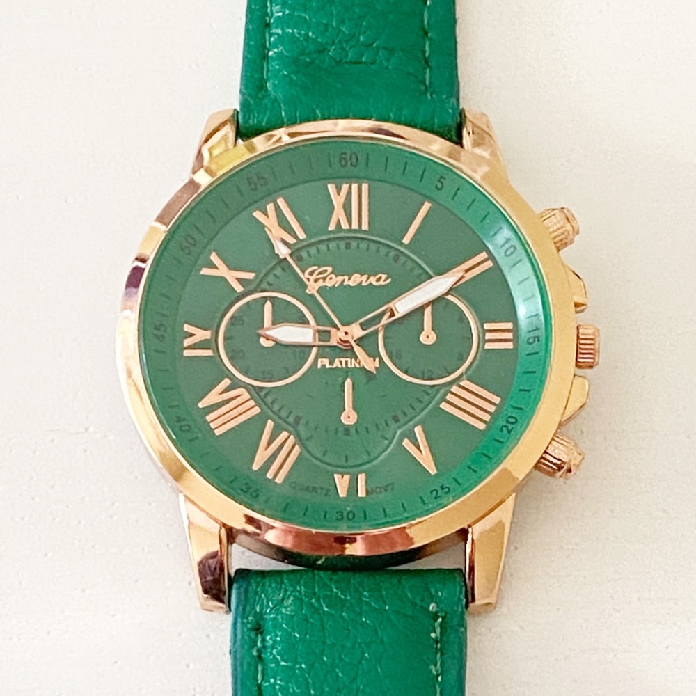 Geneva Platinum - Vibrant Green Watch with Faux Leather Strap